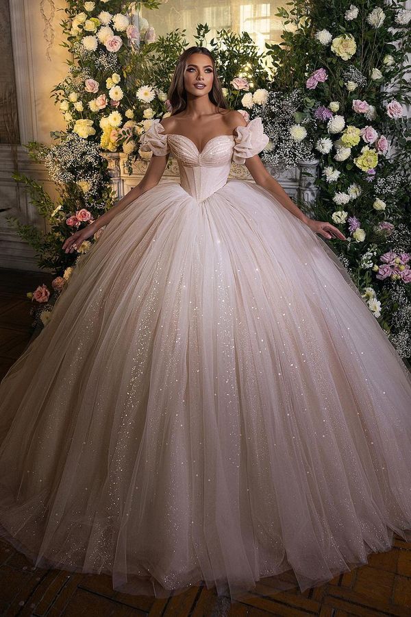 Glitter Off-Shoulder Tulle Floor-Length Wedding Dress