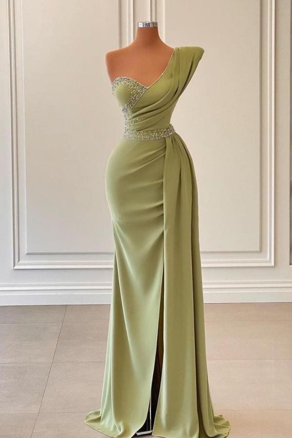 One Shoulder Long Beaded Evening Dress|Side Slit Ball Gown with Cape