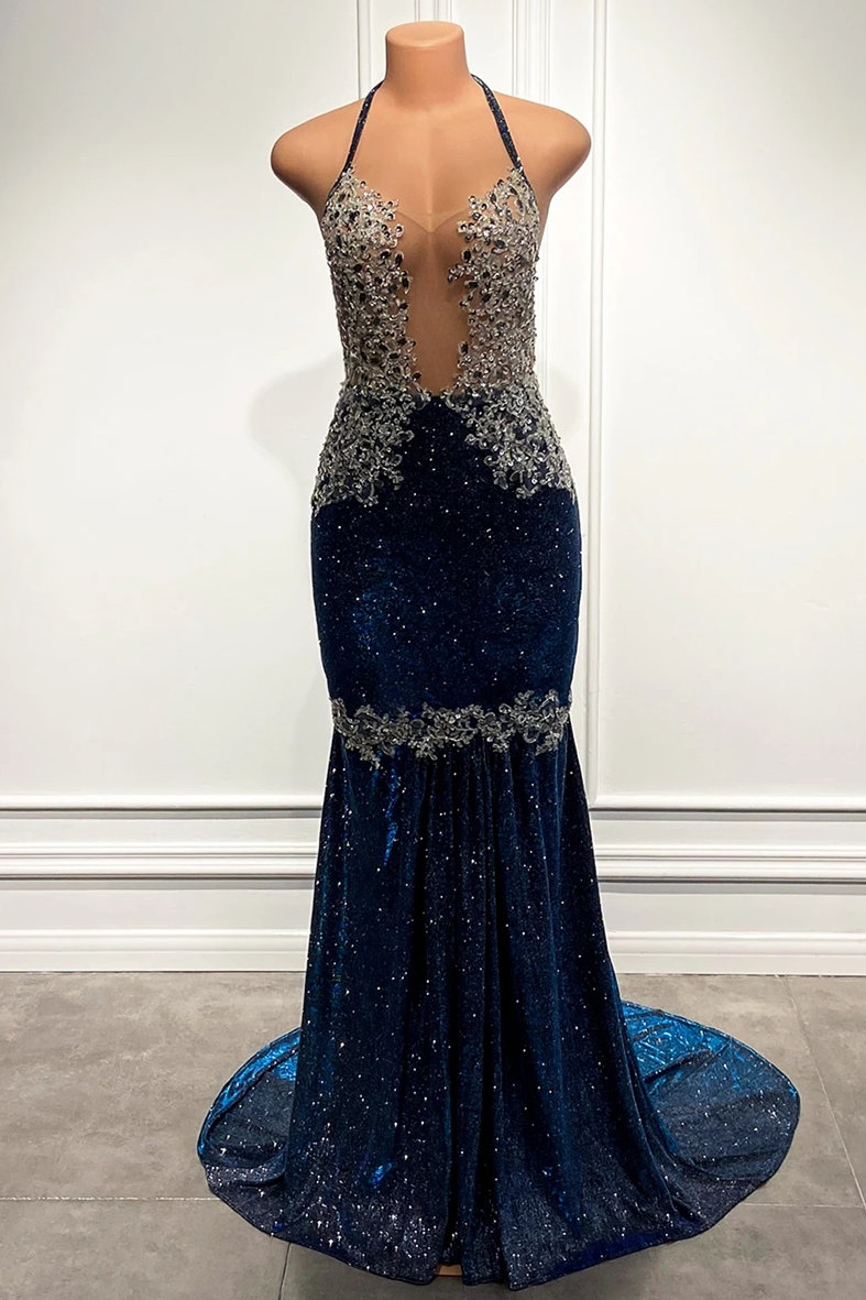 Sparkle Navy Blue Lace Applique Mermaid Prom Dress
