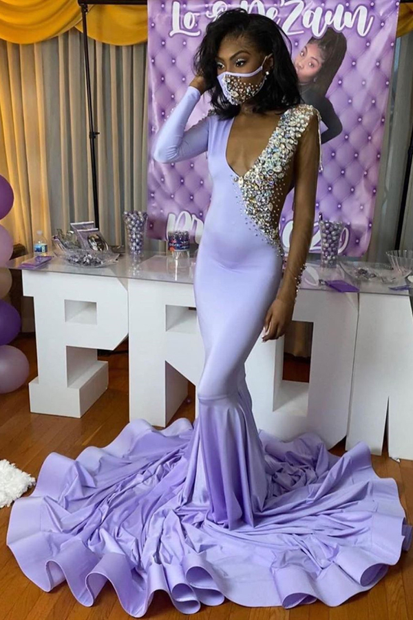 One Shoulder Slim Mermaid Prom Dress | Deep V-Neck Appliqués Evening Dress