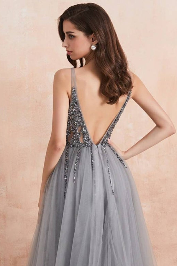 Elegant V-Neck Beaded Tulle Prom Dress Side Split Luxury Evening Party Dress