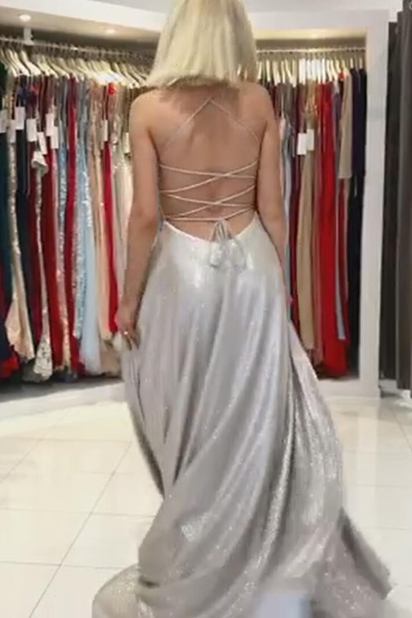 Sexy Spaghetti Straps Glitter Sequins V-Neck A-line Evening Dress
