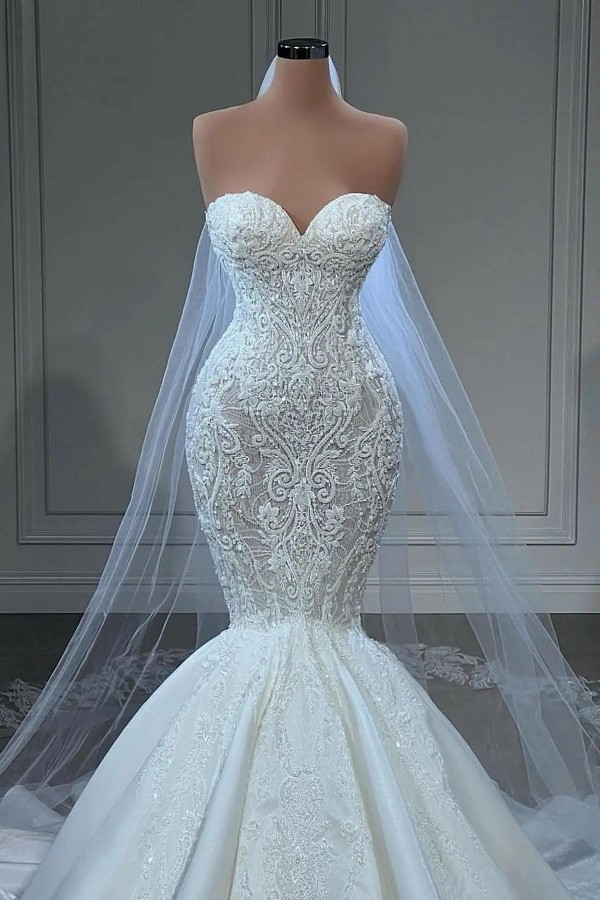 Sexy Long Mermaid Heart-Neck Lace Wedding Dress