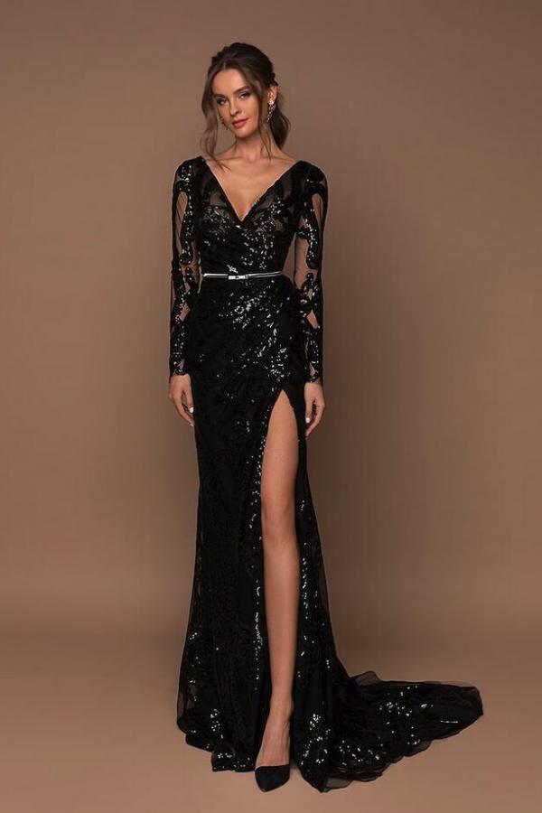 Beautiful Long Glitter Evening Dresses | Black Prom Dresses with Sleeves