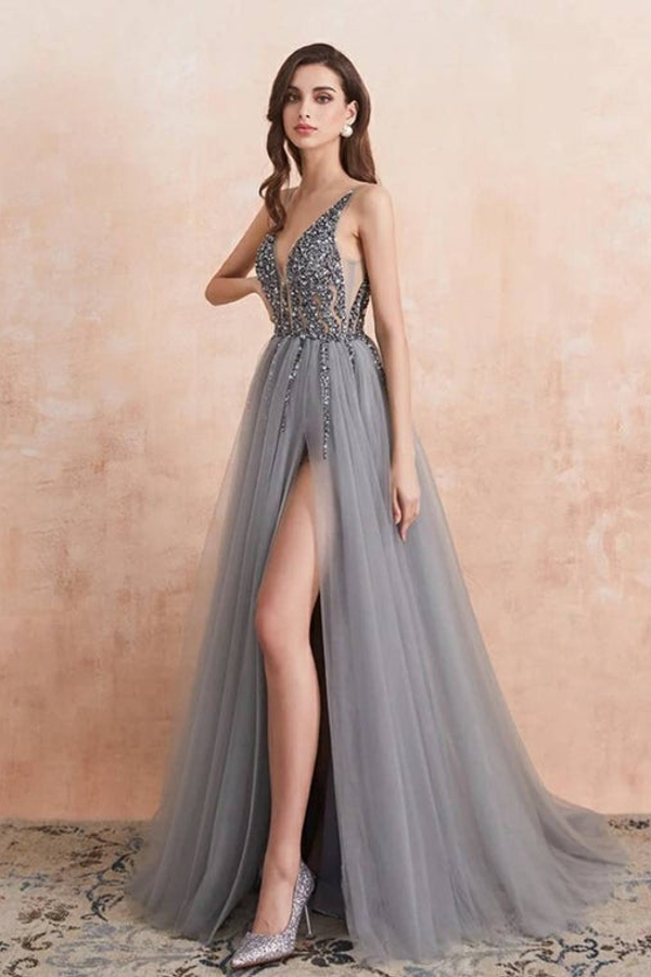 Elegant V-Neck Beaded Tulle Prom Dress Side Split Luxury Evening Party Dress