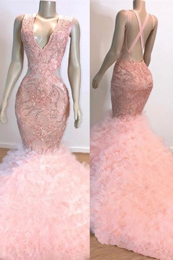 Pink V-Neck Sleeveless Mermaid Open Back Lace Prom Dress | Sexy Evening Dress