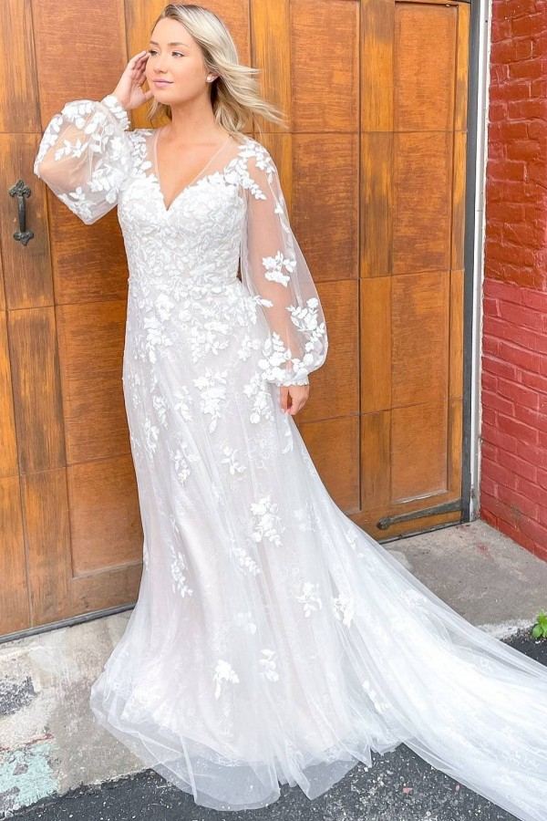 V-Neck Tulle Long Sleeve Lace Wedding Dress