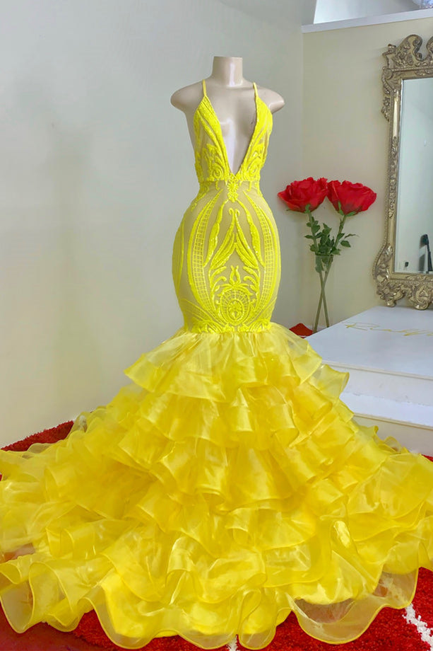 Yellow Tulle Sleeveless Mermaid Prom Dress with Ruffles