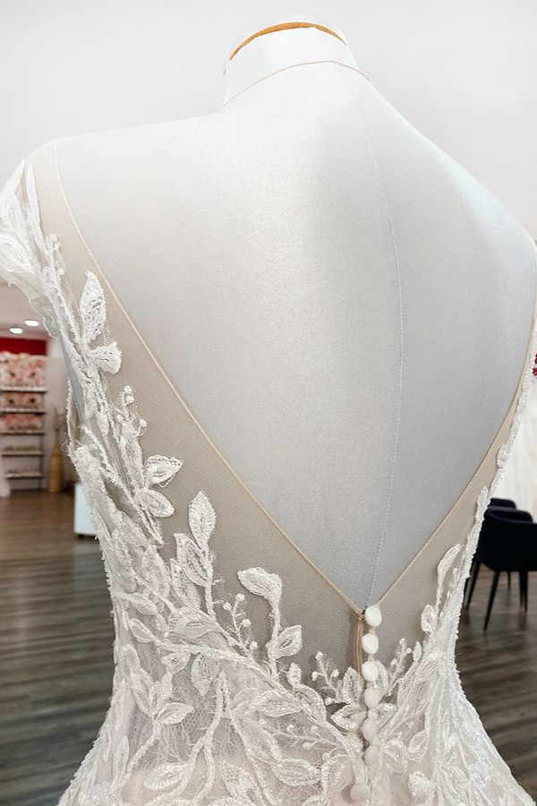 Vintage A-Line Wedding Dress with Lace Appliques, Jewel Tulle Ruffles, and Long Train