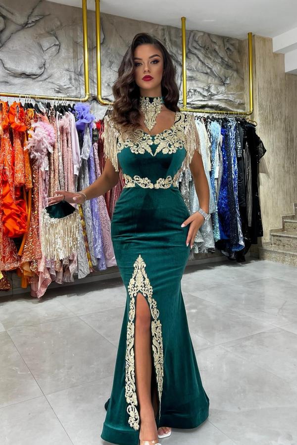 Sexy Halter Velvet Dark Green Mermaid Prom Dress with Gold Appliques and Tassels