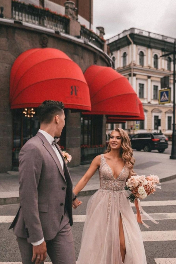 Boho Long V-Neck Tulle Wedding Dress with Side Slit and Lace