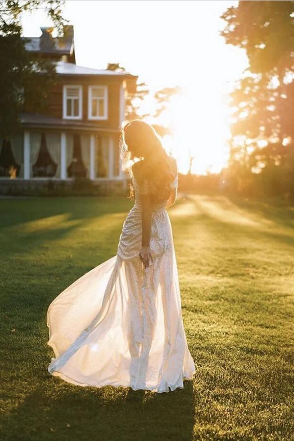 Off Shoulder Sequined Mermaid Wedding Dress Simple Side Split Bridal Dress