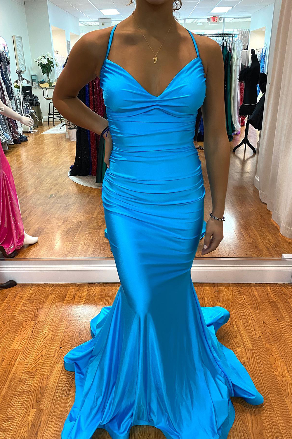 Sleeveless Blue Mermaid Elastic Satin Prom Dress