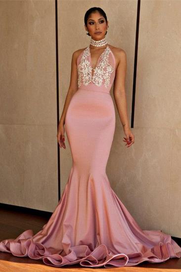 Halter V-neck Mermaid Beading Prom Dress | Sexy Backless Pink Evening Dress with Long Train_1
