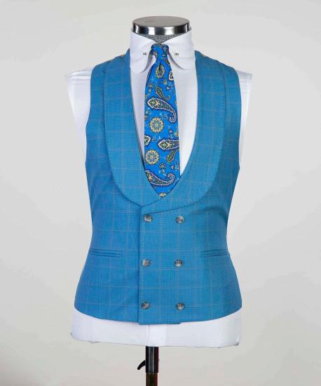 Blue Plaid Three Pieces Peaked Lapel Men Suits For Business_2
