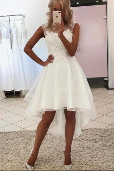 Modest White Sleeveless Lace Tulle High Low Wedding Dress_1