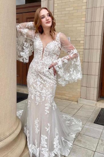 Gorgeous White Ruffle Sleeve Tulle Lace Appliquéd Mermaid Wedding Dress_1