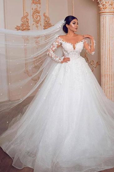 Appliques Sheer Tulle Ball Gown Wedding Dresses | Shiny Long Sleeve Bridal Gowns_1