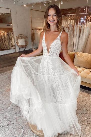 Spaghetti Straps Tulle A-line Wedding Dresses | Deep V-neck Pleated Bridal Gowns