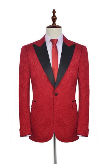 Unique men's suit in bright red jacquard with pointed lapels and black silk