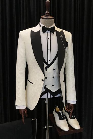 Alvin New White Jacquard Three Piece Black Point Lapel Wedding Suit_3
