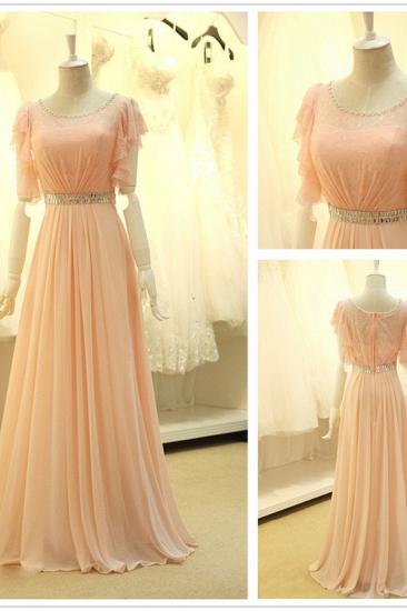 Pink Lace Sparkly Crystal Sash Cute Long Prom Dresses with Unique Sleeve Pretty Popular Evening Gowns_2