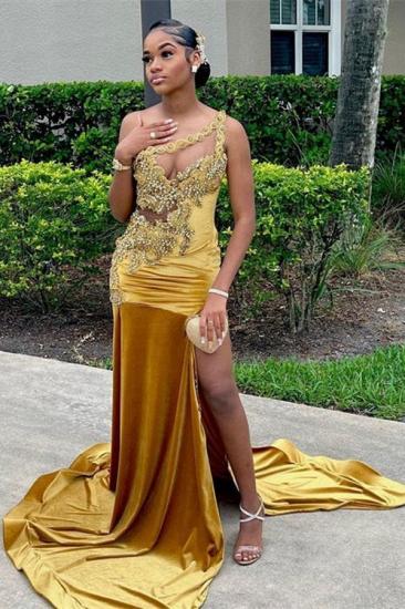 Gold Yellow Long Sleeveless Velvet Prom Dresses | Cheap Prom Dresses_1