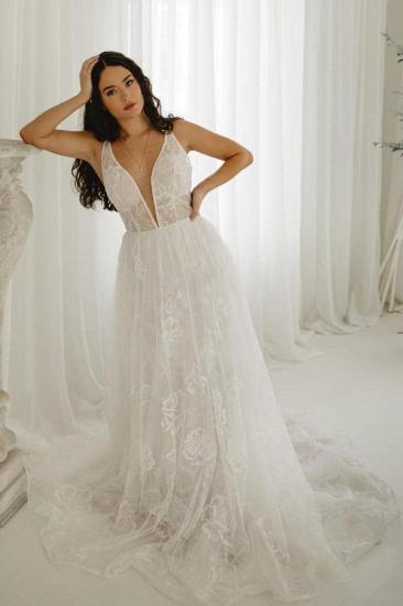 Deep v-neck sleeveless white tulle lace wedding dress