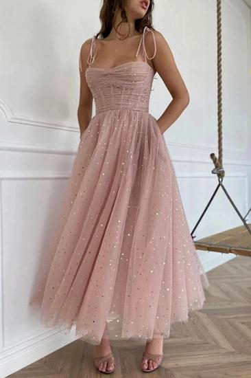 A-Line Ruffles Spaghetti Straps Sleeveless Ankle-Length Tulle Formal Party Dresses_1