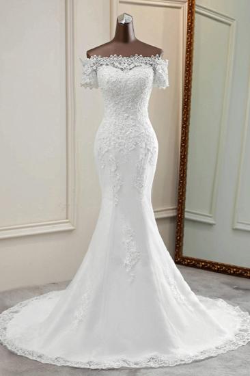 Bradyonlinewholesale Gorgeous Off-the-Shoulder Lace Mermaid Wedding Dresses Short Sleeves Rhinestons Bridal Gowns