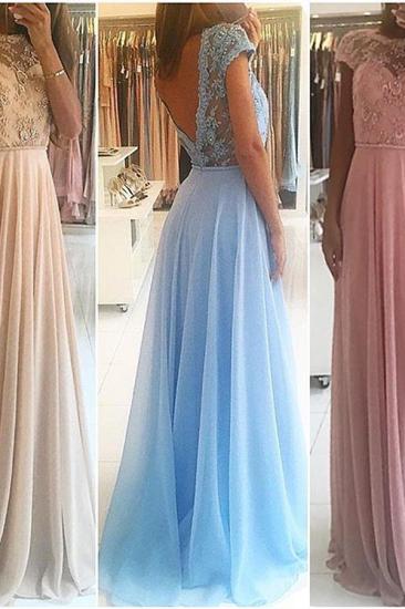 Chiffon Lace Appliques Prom Dresses Floor Length Chic A-line Short Sleeves Evening Dress_2