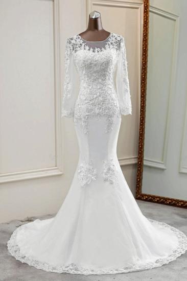 Bradyonlinewholesale Elegant Jewel Lace Mermaid White Wedding Dresses Long Sleeves Appliques Bridal Gowns