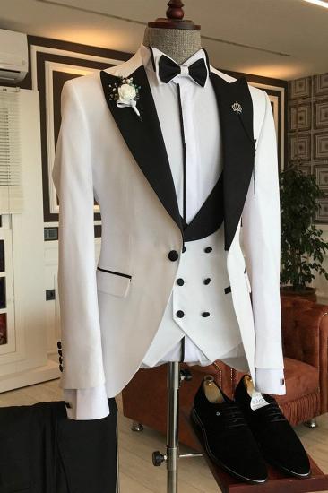Leo Fashion White 3 Piece Black Point Lapel Double Breasted Vest Custom Business Suit_2