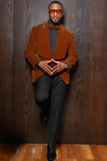 Young Caramel Shawl Lapel Velvet Prom Suits With Beading_3