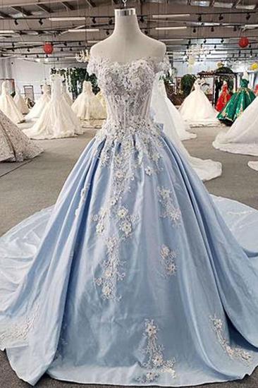 Bradyonlinewholesale AffordableLight Blue Satin Sweep Train Wedding Dress Off Shoulder Sleeveless Bridal Gowns On Sale