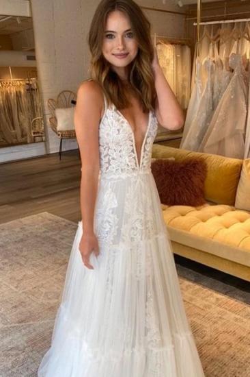 Spaghetti Straps Tulle A-line Wedding Dresses | Deep V-neck Pleated Bridal Gowns_2