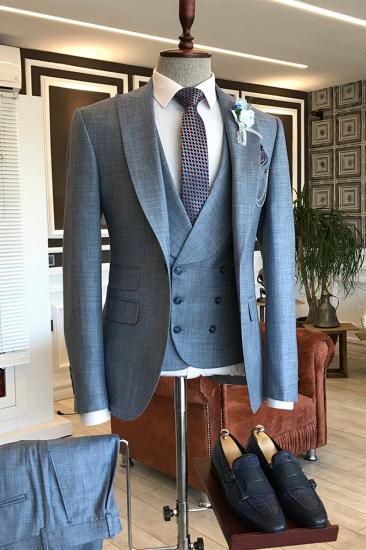 Jeffrey Formal Grey Check Point Lapel Double Breasted Vest Business Suit_2