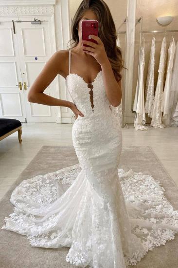 Delicate Double V-Neck Spaghetti Lace Appliques Mermaid Wedding Dresses_1