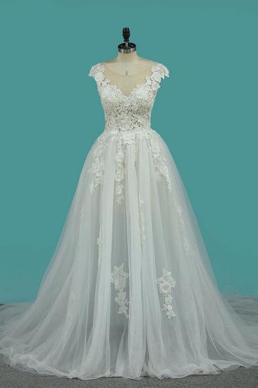 Bradyonlinewholesale Chic Jewel Sleeveless Lace Wedding Dress Tull Appliques Ruffles Bridal Gowns Online
