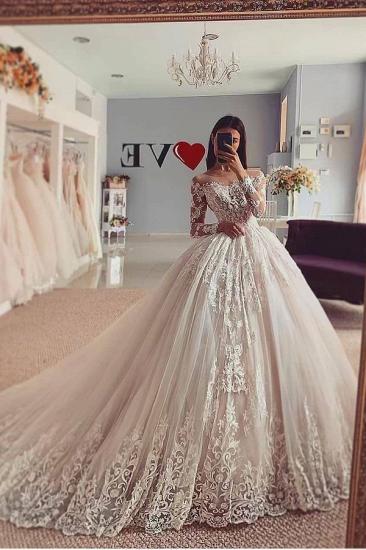Delicate Lace Appliques Ball Gown Wedding Dress|Long Sleeve Off-the-Shoulder Bridal Gowns
