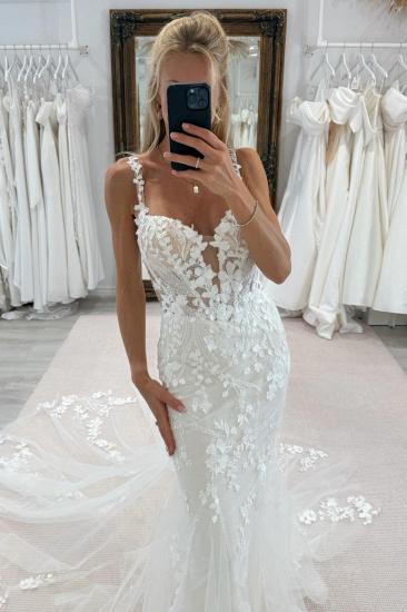 Spaghetti Straps Sweetheart Appliques Lace Mermaid Wedding Dresses_3