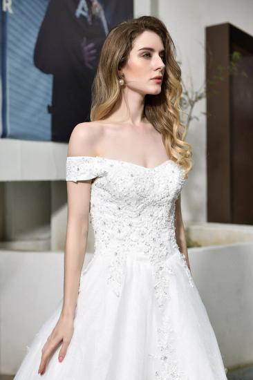 Elegant White Lace Off Shoulder Long Princess Wedding Dress with Beaded Lace Appliques_3