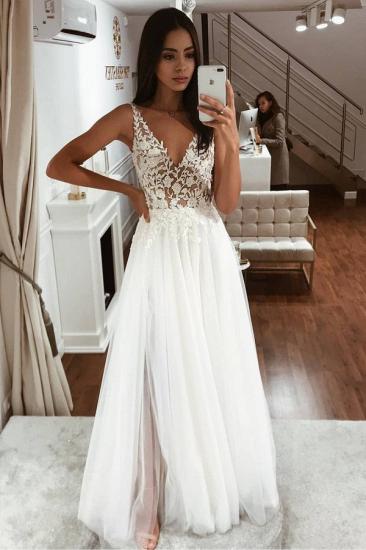 White V-neck Sleeveless Lace Tulle Beach Wedding Dress_1