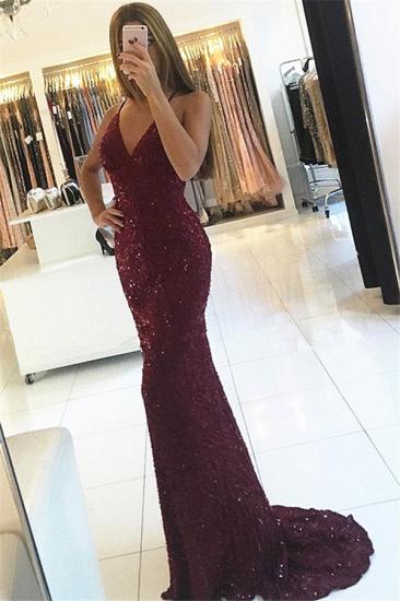 2022 Sexy Burgundy Shiny Sequins Evening Gowns V-neck Straps Backless Formal Prom Dress_1