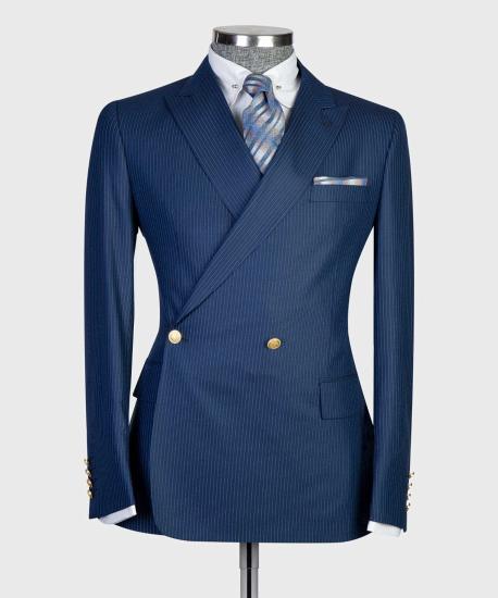 Navy Blue Stripe Double Breasted Point Collar Slim Men's Suit_4