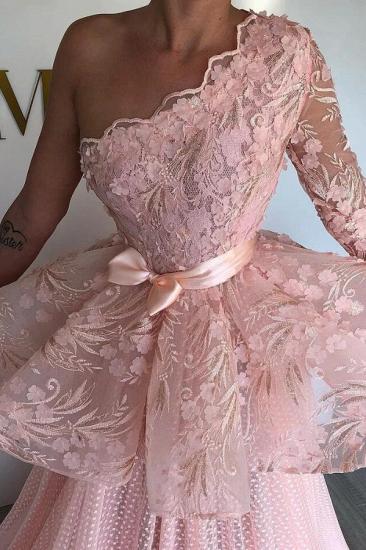 Stunning One Shoulder Tulle Pink Evening Prom Dress with Floral Lace_2