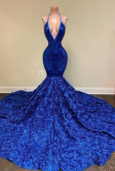 Navy blue v-neck mermaid sequin prom dress with flowers_2
