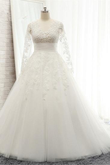 Bradyonlinewholesale Chic Longsleeves Jewel A line Wedding Dresses White A line Tulle Bridal Gowns With Appliques Online