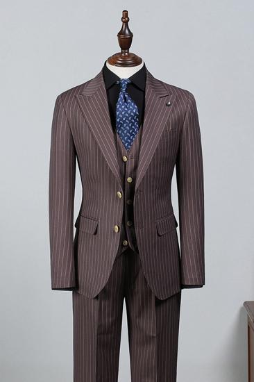 Les Popular Brown Striped Point Collar Fitted Suit_2