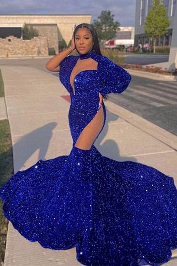 Sparkle long sleeves royal blue sequin mermaid prom dress_1